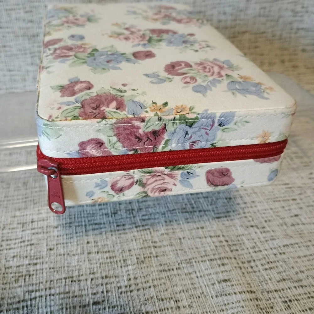 Vtg Floral Jewelry Travel Case Zippered Rose Print Organizer Cottagecore 1990's